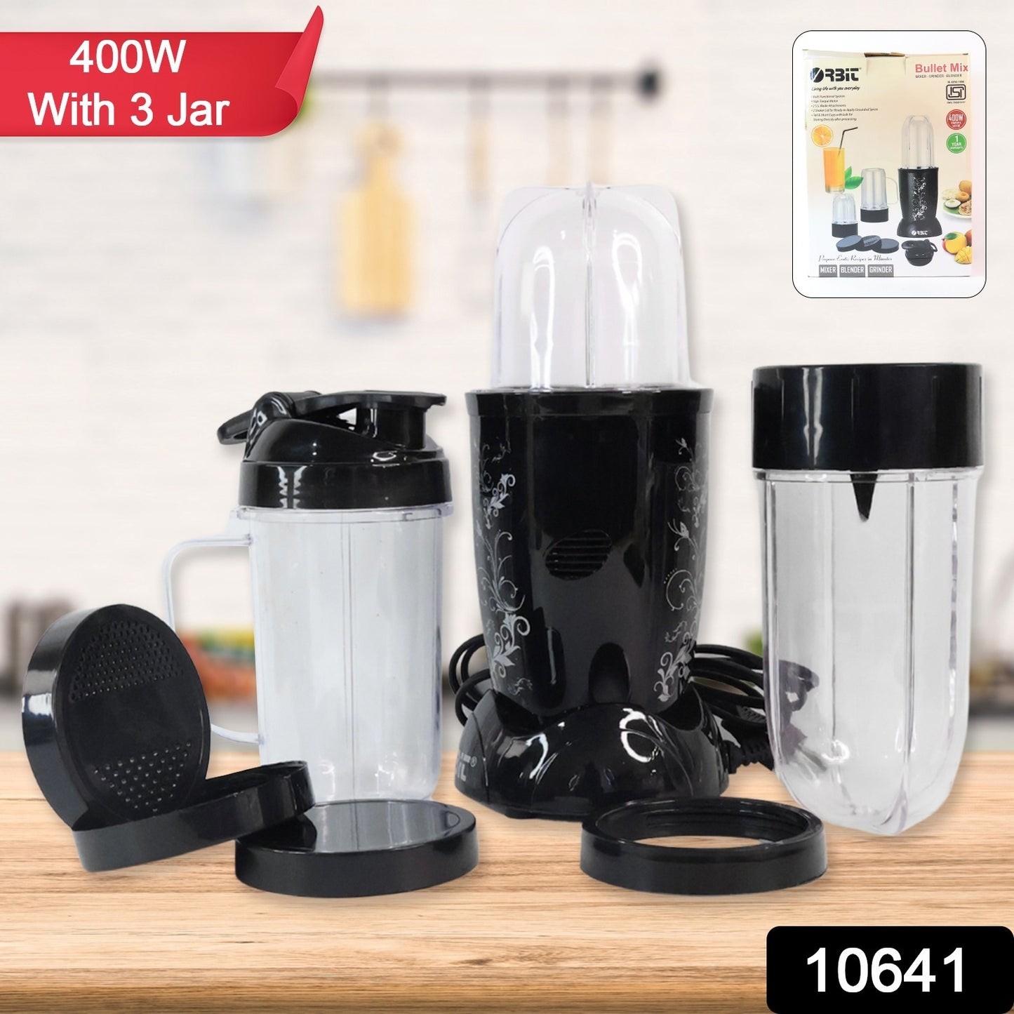 Wukusy Orbit Bullet Mixer Grinder with 400W motor and three jars for home kitchen use, shown with blending jars and control dial.