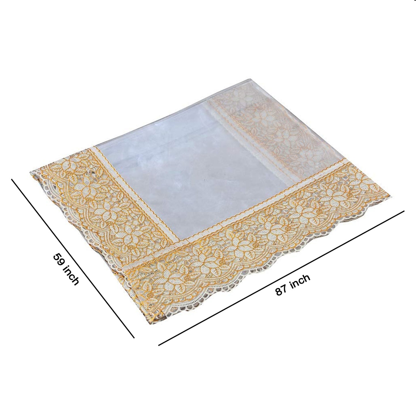 Clear PVC table cover measuring 87x59 inches, durable and transparent, suitable for protecting tables in various settings.