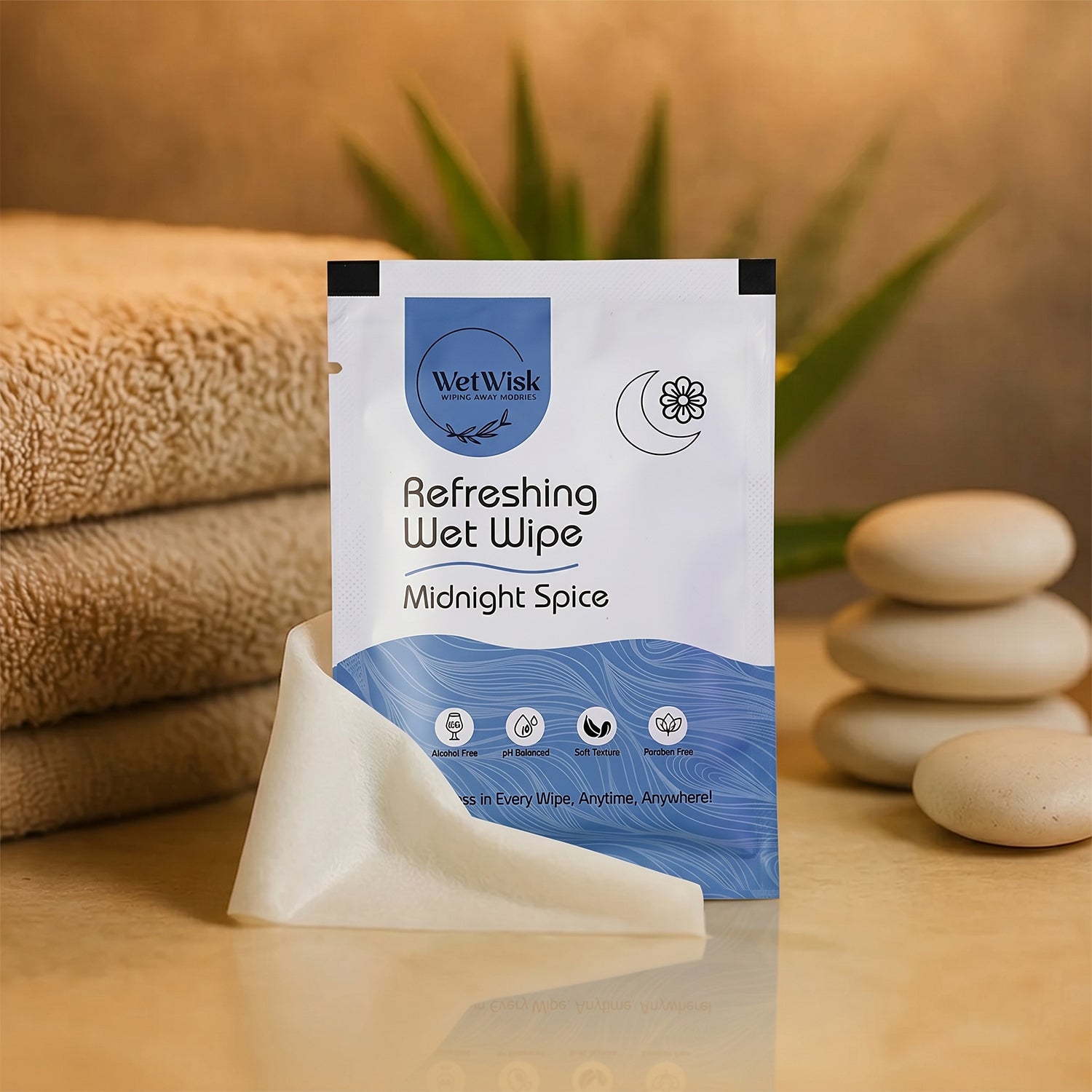 Wukusy Midnight Spice refreshing wet wipe for face, body, and hands, single packet, moist cleansing cloth with spicy scent
