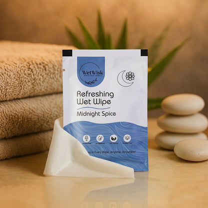 Wukusy Midnight Spice refreshing wet wipe for face, body, and hands, single packet, moist cleansing cloth with spicy scent
