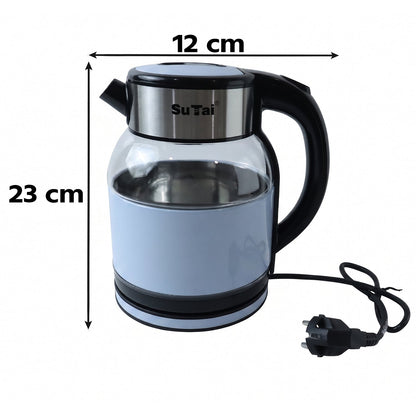 Wukusy Suta Electric Glass Kettle, 2L stainless steel hot water boiler for tea, shown with transparent glass body and stainless steel lid