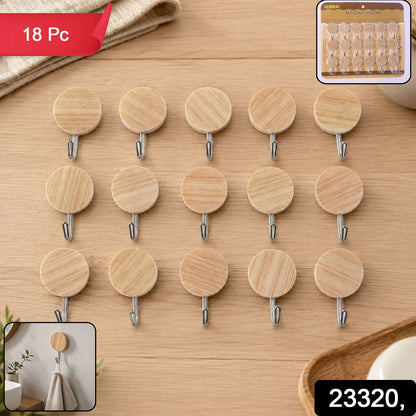 Set of 18 Wukusy self-adhesive wall hooks with a wooden look, strong sticky hangers for no-drill wall mounting.