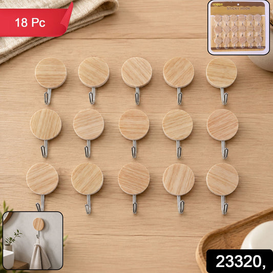 Set of 18 Wukusy self-adhesive wall hooks with a wooden look, strong sticky hangers for no-drill wall mounting.