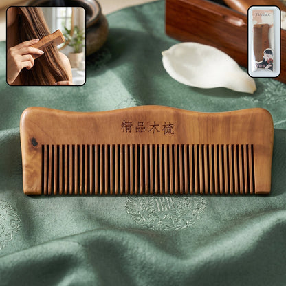 Wukusy natural wooden hair comb with fine teeth, anti-static, suitable for men and women, displayed on a plain background