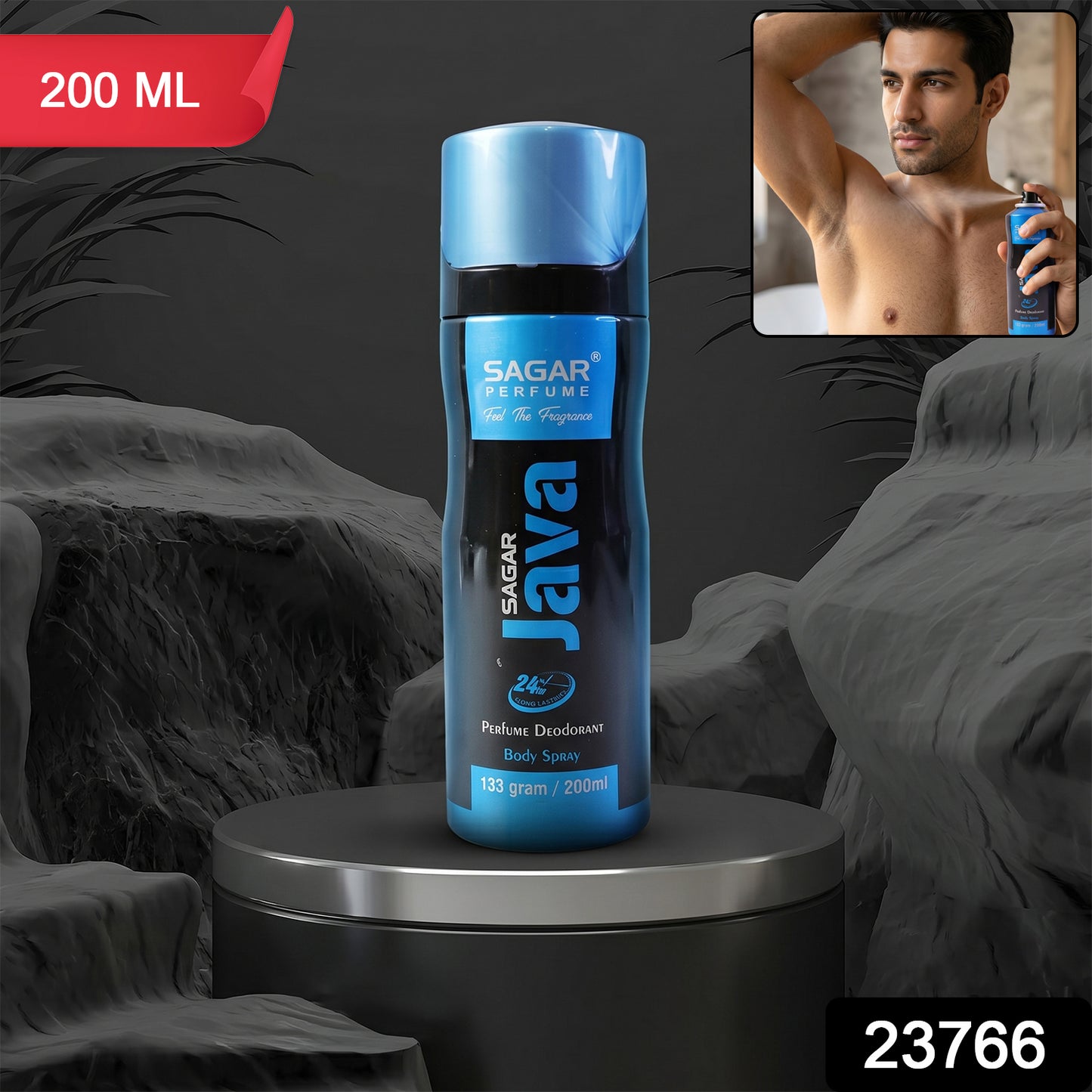 Wukusy Sagar Java perfume body spray for men, 200ml bottle with sleek design and label showcasing the product.