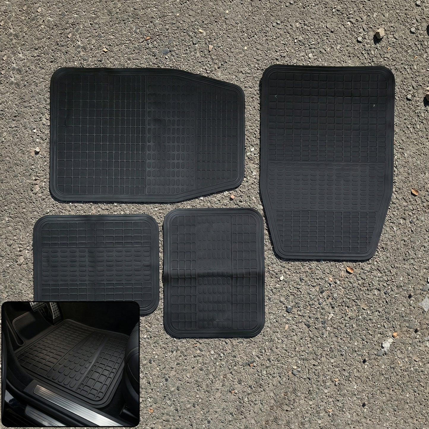 Set of four premium heavy-duty car floor mats by Wukusy, black rubber with textured surface for all-weather protection.