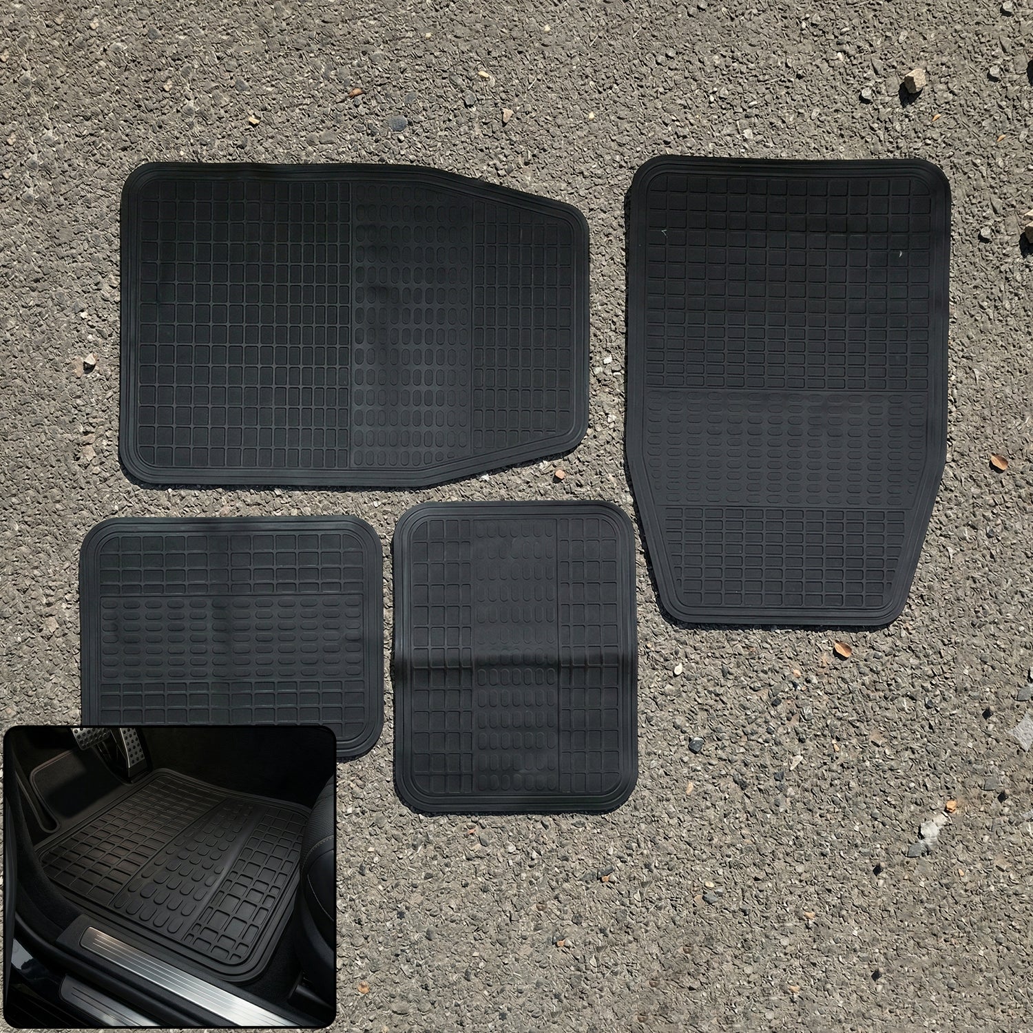Set of four premium heavy-duty car floor mats by Wukusy, black rubber with textured surface for all-weather protection.