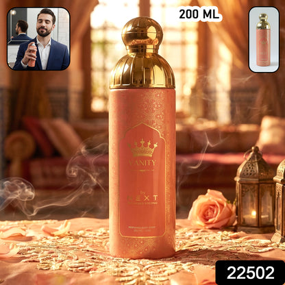 Next Vanity Premium Perfumed Body Spray by Wukusy, 200ml bottle featuring a sleek design and a floral fragrance.