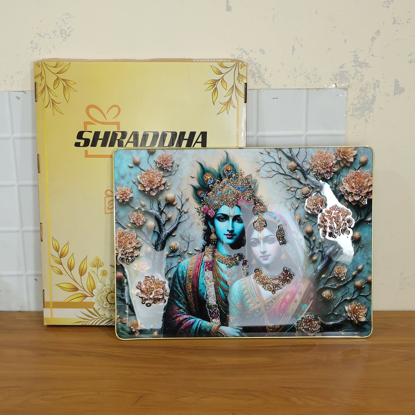 Decorative wall frame featuring Radha Krishna artwork, large 60x45 cm size, by Wukusy, ideal for spiritual home decor