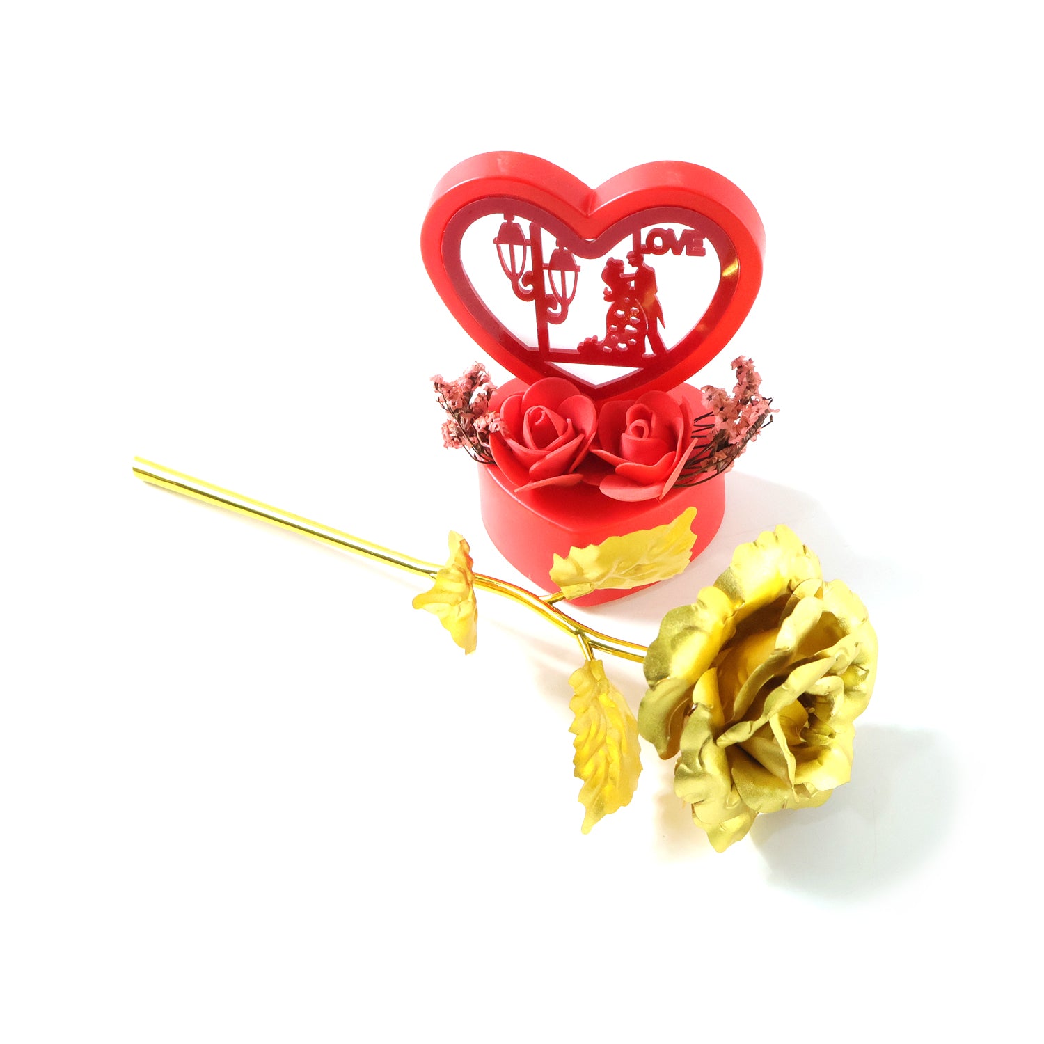 Decorative heart love showpiece with golden rose flower gift set, featuring two elegant Wukusy ornaments on a display surface.