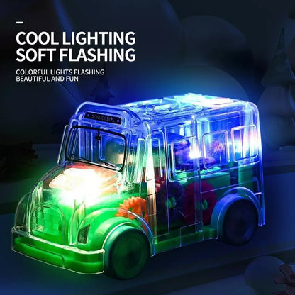 Transparent Wukusy 1996 musical mini school bus toy for kids, featuring colorful details and interactive musical elements.
