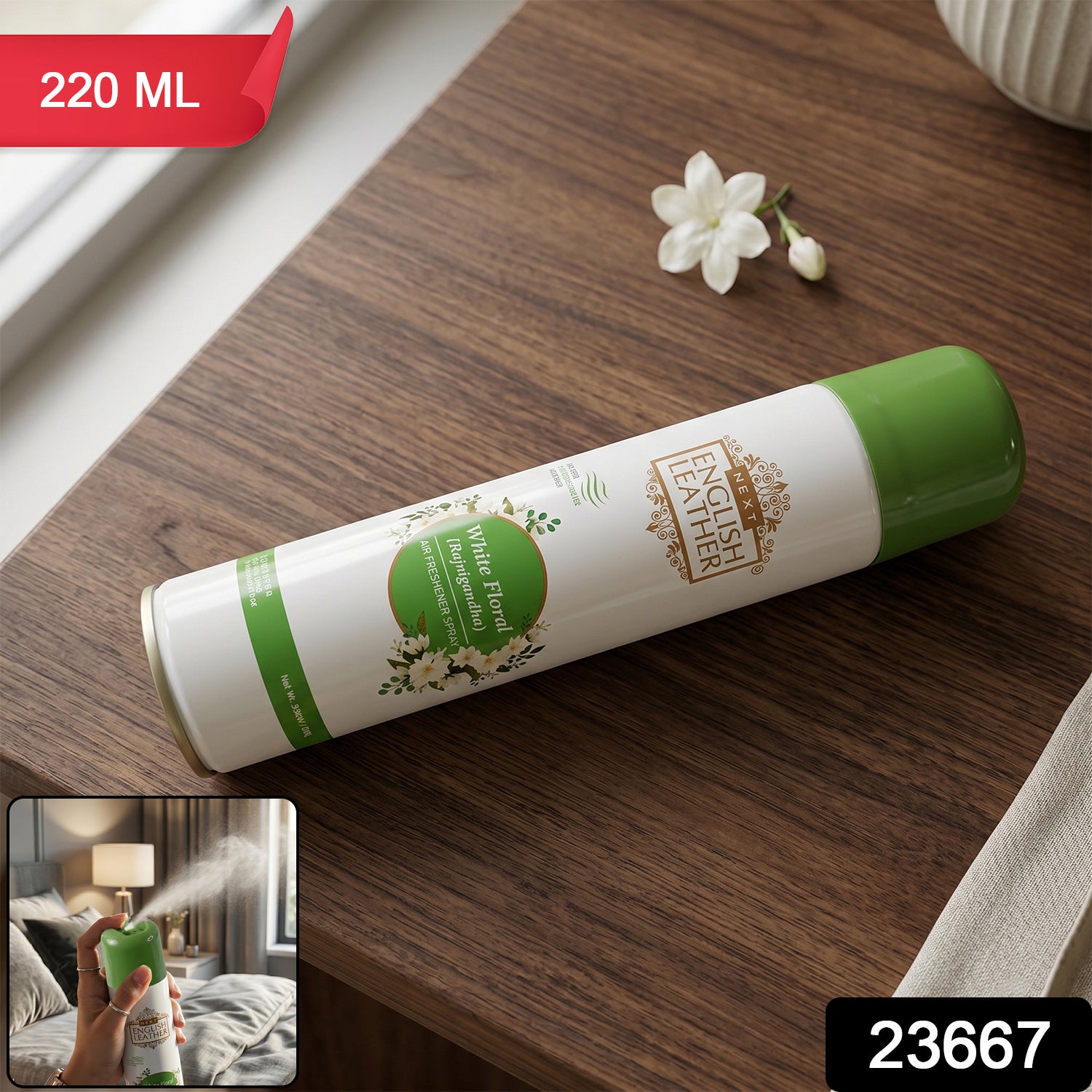Wukusy Next English Leather floral air freshener spray in white bottle, 220ml, with floral design visible on the label.
