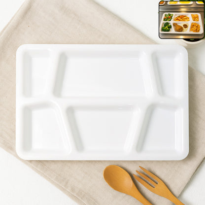 White plastic multi-compartment rectangular meal serving tray by Wukusy, featuring separate sections for organized food presentation.