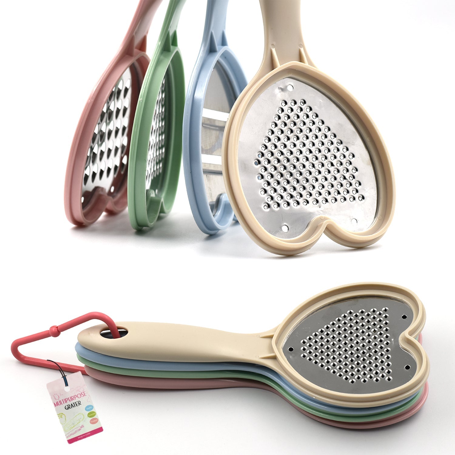 Wukusy Heart Grater Set and Slicer for fruits, vegetables, cheese, and more, used for grating and slicing in the kitchen.