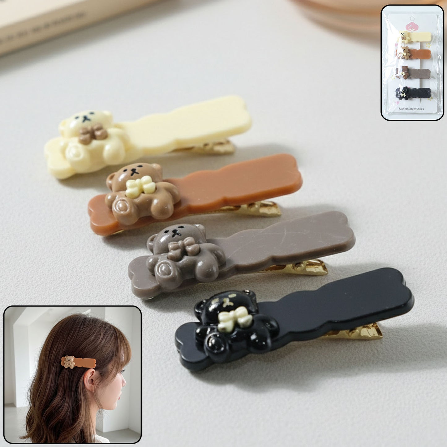 Set of four Wukusy cute teddy bear decorative snap hair clips, perfect for kids' hairstyles and accessories.