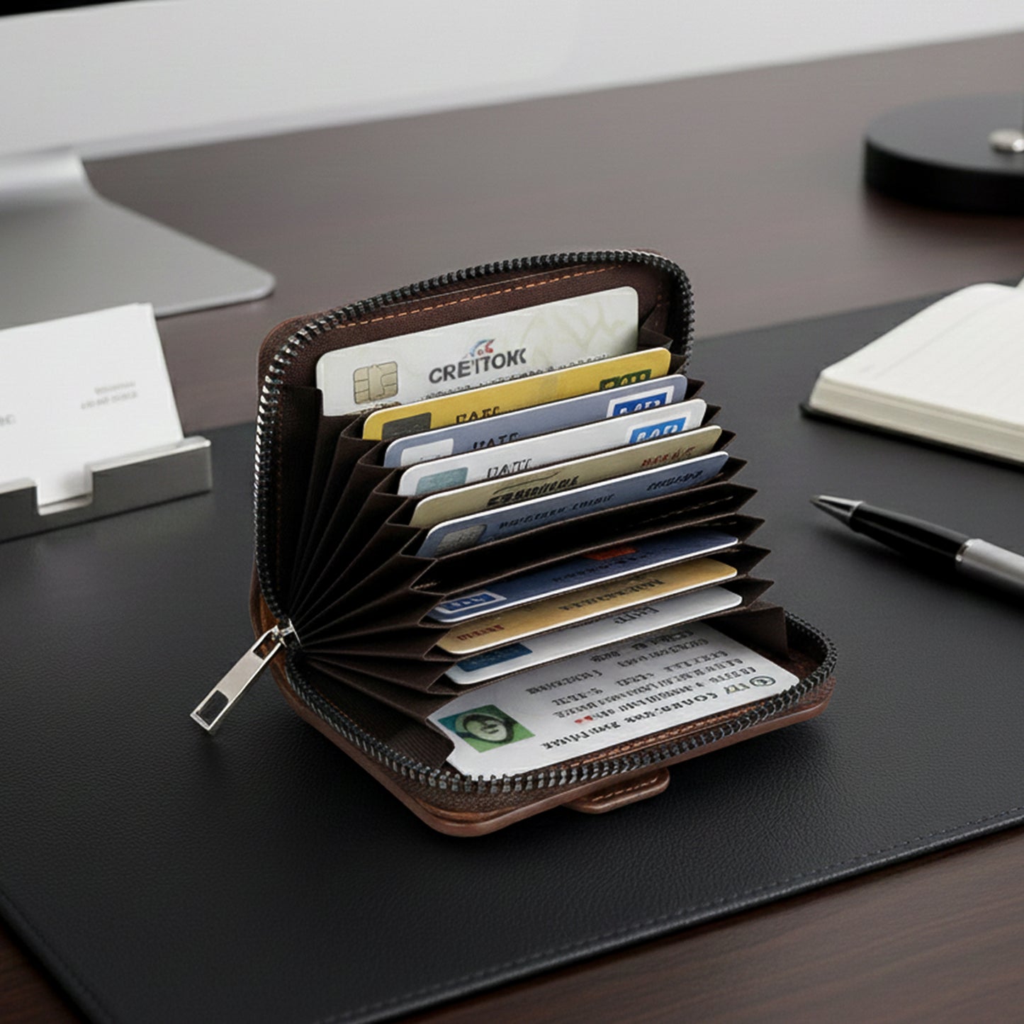 Wukusy premium multipurpose zip closure card holder wallet with multiple card slots and a secure zipper closure.