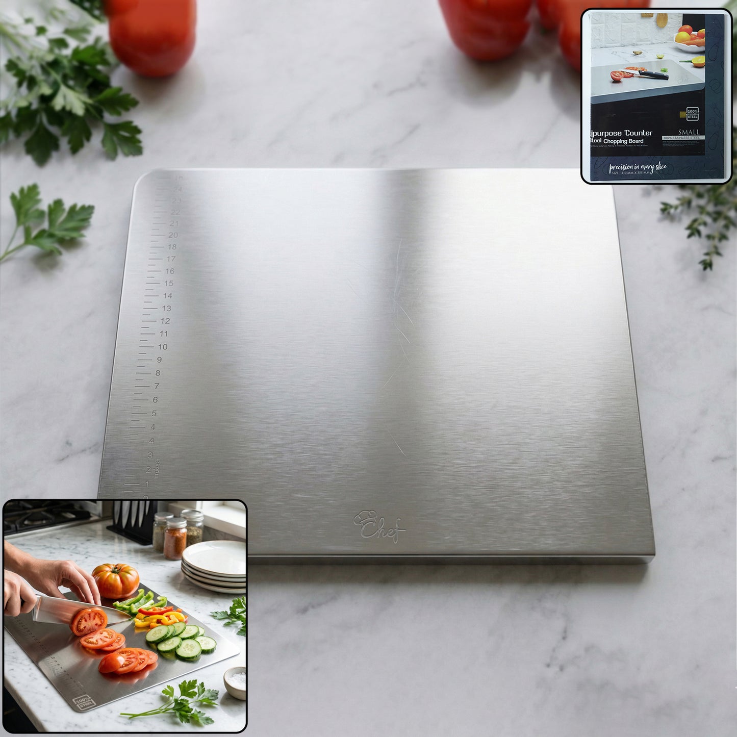 Stainless steel chopping board by Wukusy, 35.5x29 cm size with 1mm thickness, shown on a kitchen countertop.