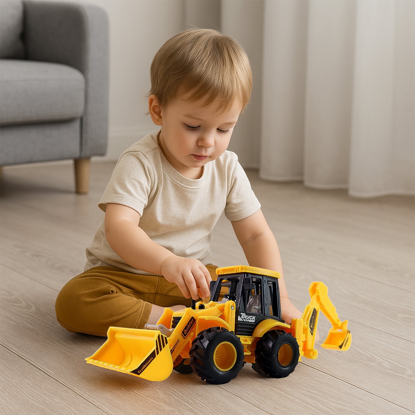 Wukusy Lala Friction Powered JCB Style Backhoe Loader Construction Toy for Kids, detailed plastic toy truck with moving parts