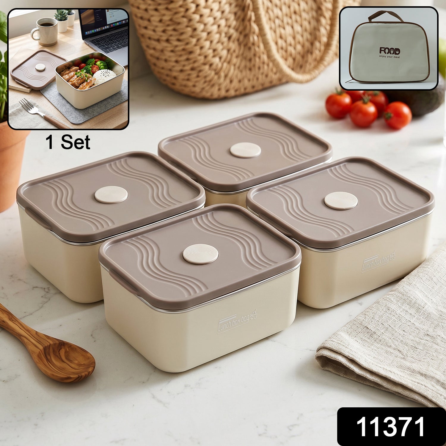 Wukusy insulated tiffin lunch box keeps food warm or cool, featuring a sleek design with secure lid and multiple compartments.