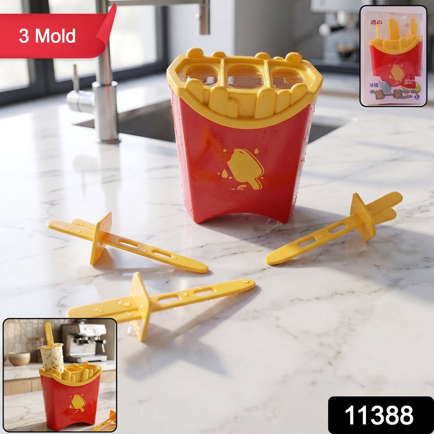 Wukusy French fries shape ice popsicle mould set with three reusable kulfi ice cream mold trays on a white background.
