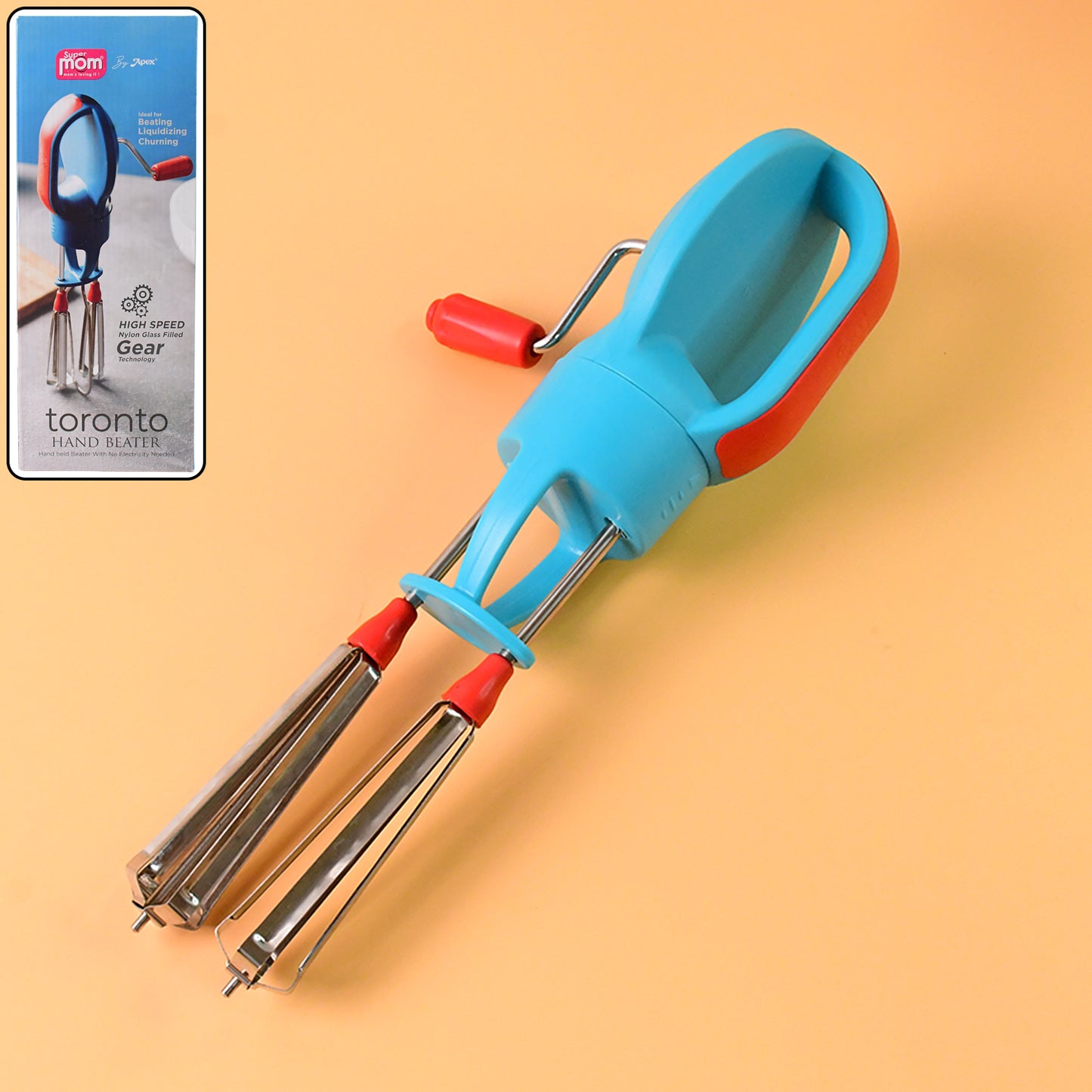 Wukusy Supermom high-speed manual hand beater with dual stainless steel whisks, ideal for baking and kitchen mixing tasks