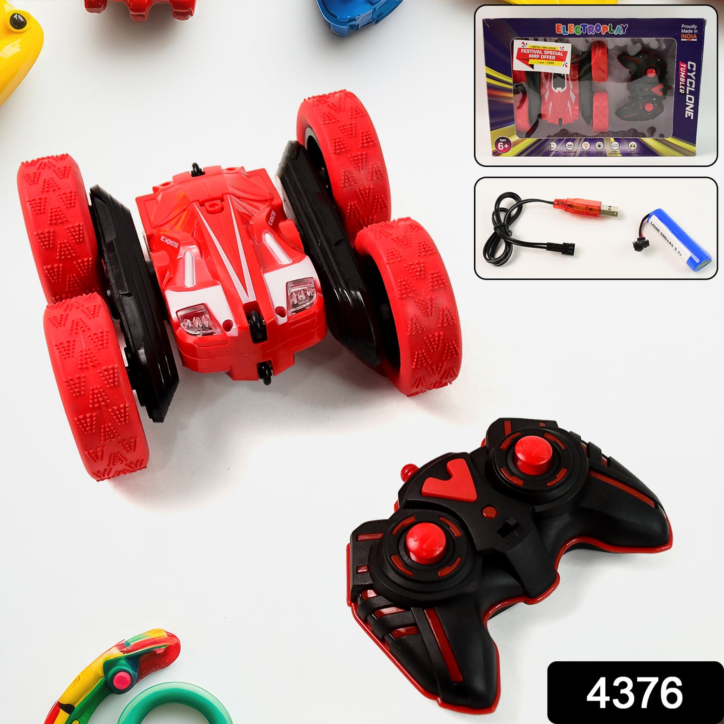 Wukusy remote control double-sided stunt car toy demonstrating fast, flip, and spin stunts in vibrant colors.