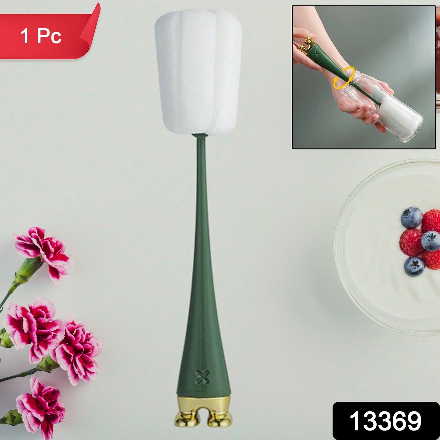 Wukusy multifunctional silicone bottle cleaning foam brush with long plastic handle, designed for thorough cleaning of bottles.
