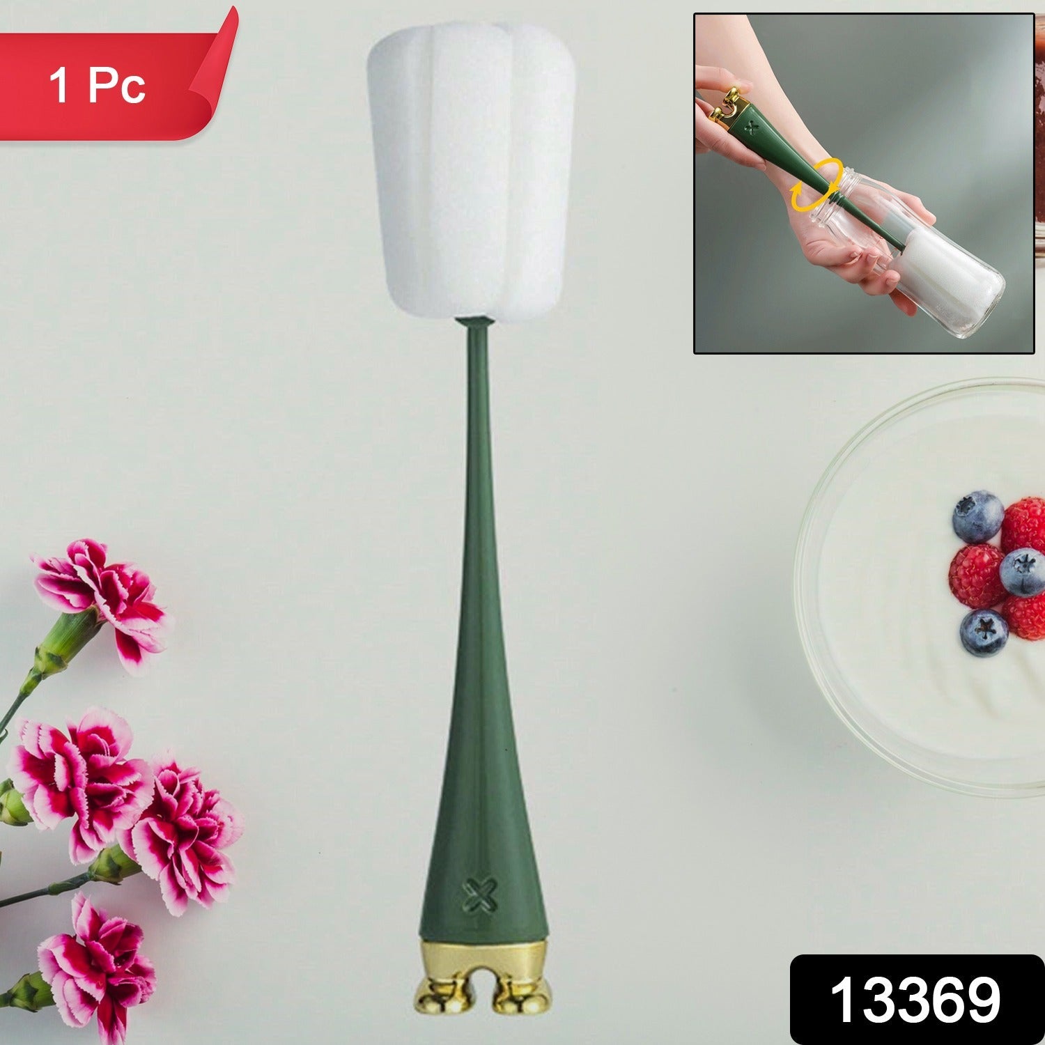 Wukusy multifunctional silicone bottle cleaning foam brush with long plastic handle, designed for thorough cleaning of bottles.