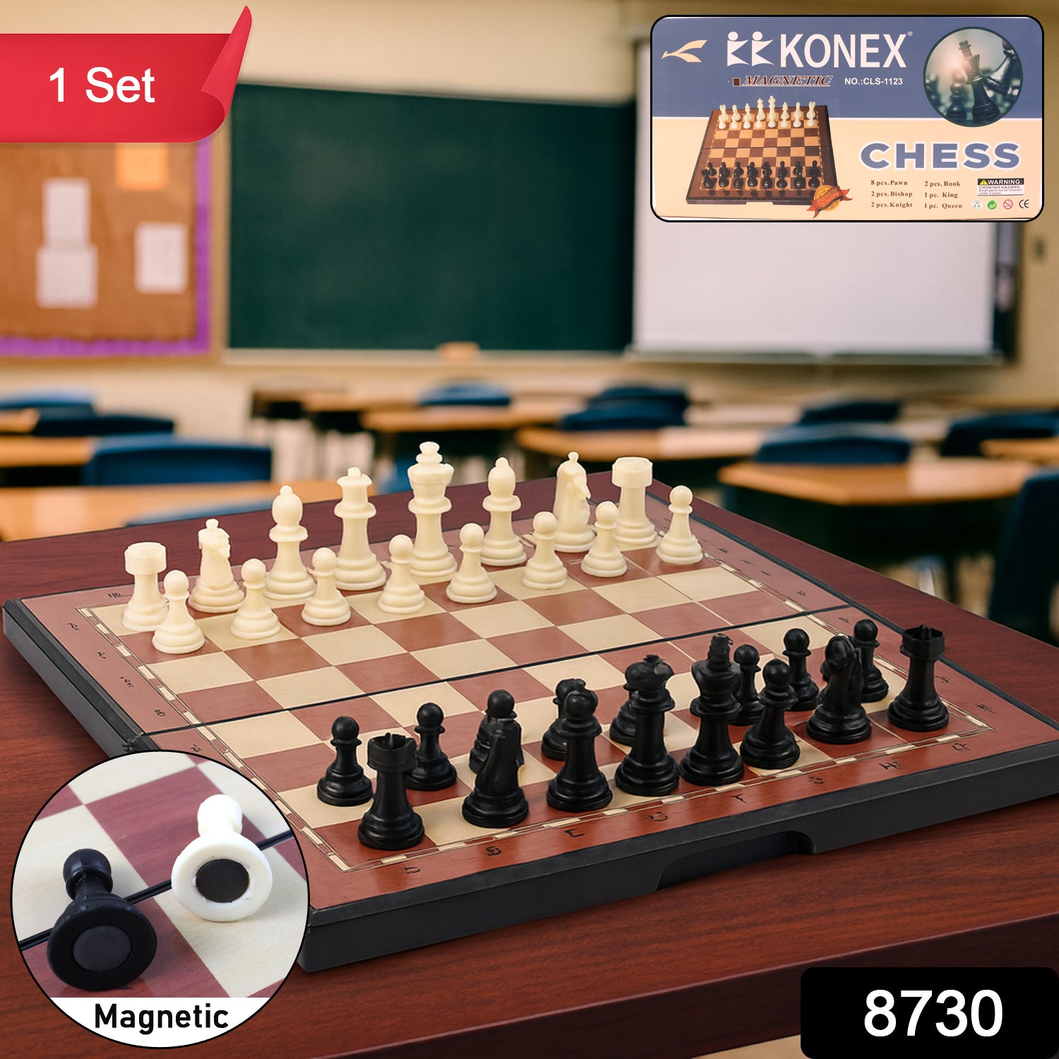 Wukusy premium portable plastic chess set with detailed chess pieces on a wooden board, perfect for travel and casual play.