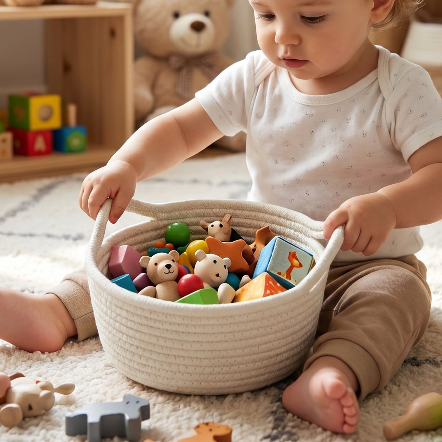 Cotton rope woven storage basket with handles by Wukusy, ideal for toys and organizing, shown in natural beige color.