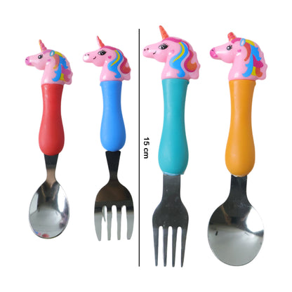 Set of four unicorn-themed kids spoons and forks with plastic handles by Wukusy, ideal for young children’s dining.