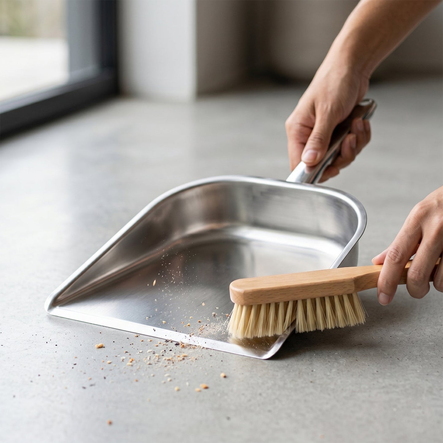 Stainless steel heavy-duty metal dustpan with handle from Wukusy, designed for durable sweeping and cleaning tasks.