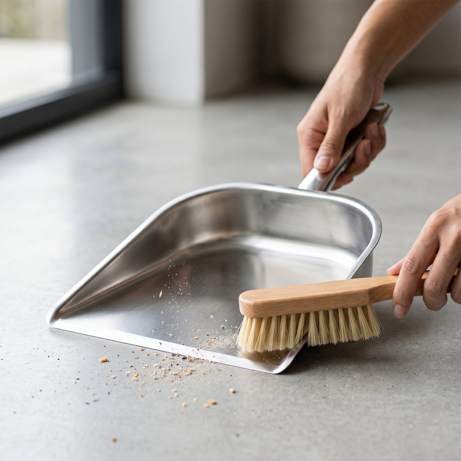 Stainless steel heavy-duty metal dustpan with handle from Wukusy, designed for durable sweeping and cleaning tasks.