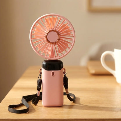 Wukusy rechargeable portable handheld fan with adjustable settings, compact design, and foldable handle for easy carrying.