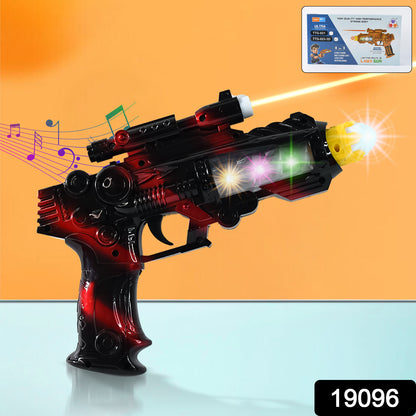 Wukusy Ttg LED flashing sound laser toy gun with lights and music, battery-operated space-themed toy for kids.