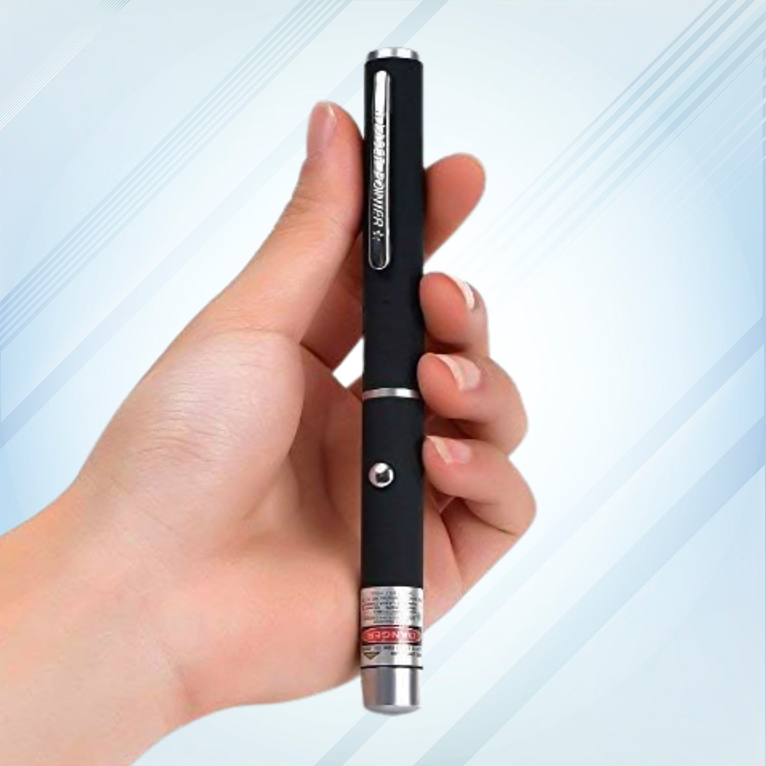 Wukusy high-power laser pointer pen with 2 AA batteries, toy laser device with a sleek black body and laser emission tip.