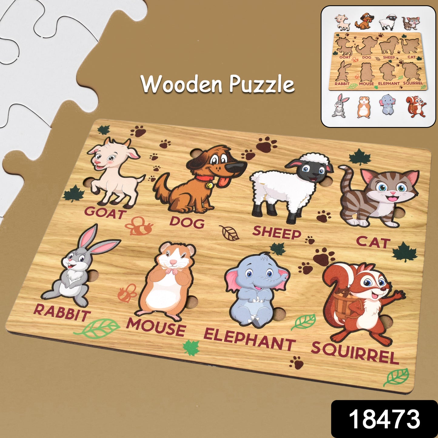 Wukusy wooden animal puzzle educational toy set with colorful animal pieces on a learning board, designed for children’s play and learning.