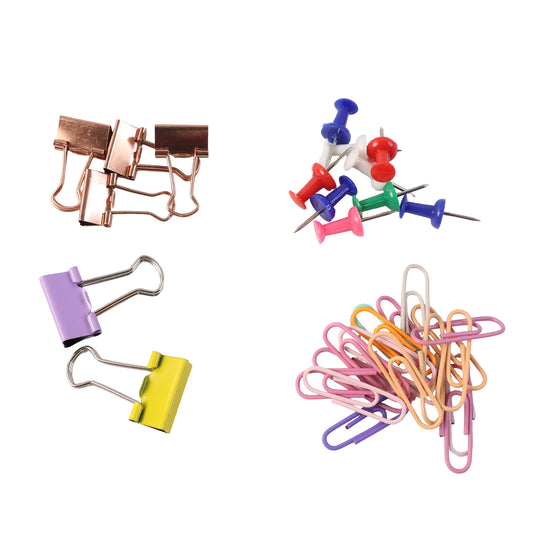 Set of office stationery clips and pins from Wukusy featuring assorted metal clips and colorful push pins on a white background.