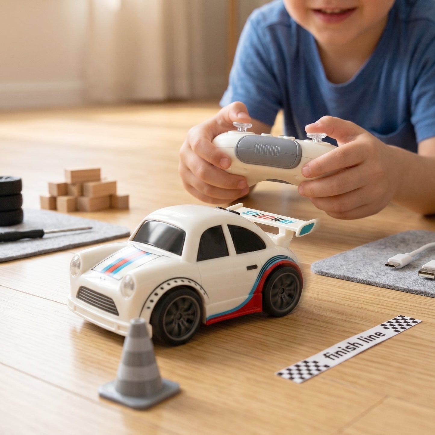 Wukusy mini RC racing car toy with remote control and rechargeable battery, designed for kids, shown on a smooth surface.