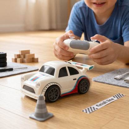 Wukusy mini RC racing car toy with remote control and rechargeable battery, designed for kids, shown on a smooth surface.