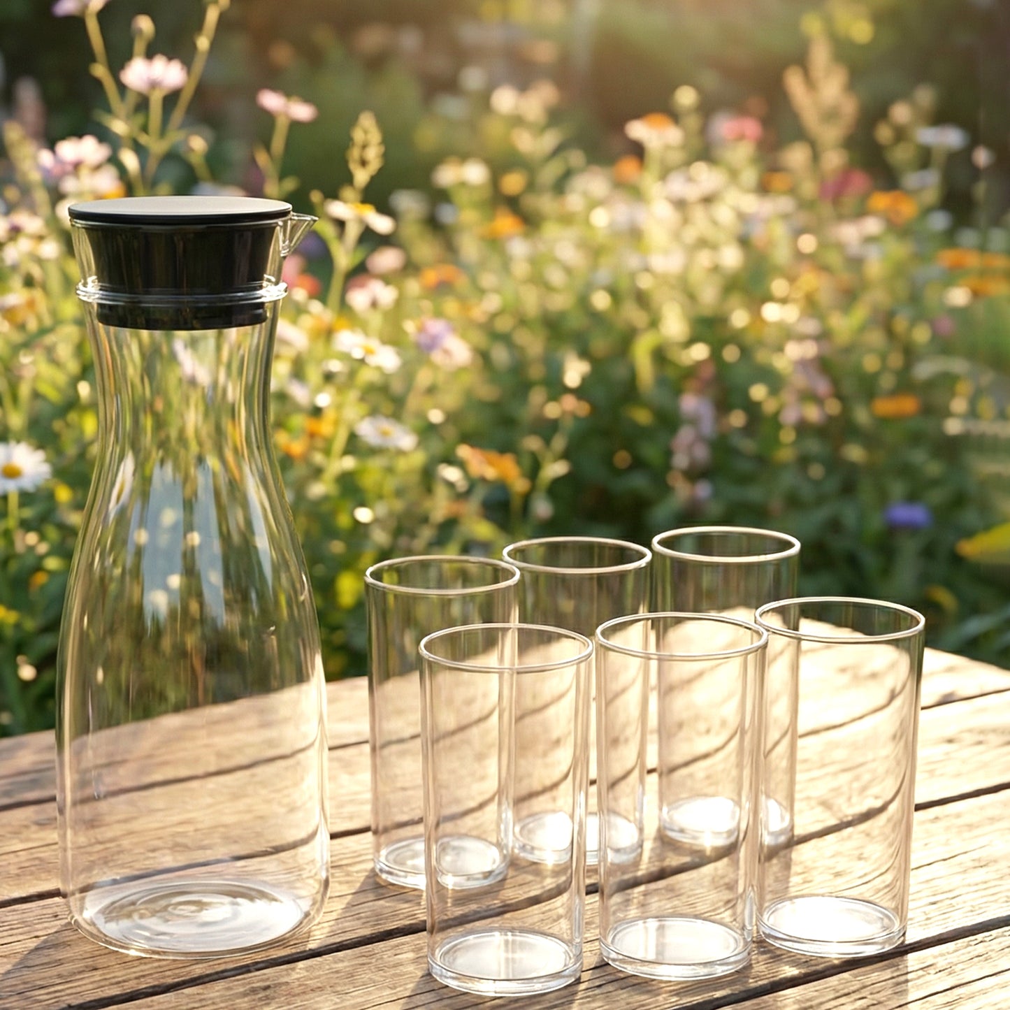 Wukusy Prexo plastic water jug with six 300ml drinking glasses, 1000ml capacity for the jug, set displayed on a table.