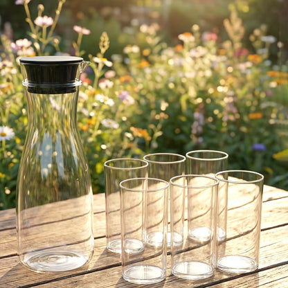 Wukusy Prexo plastic water jug with six 300ml drinking glasses, 1000ml capacity for the jug, set displayed on a table.