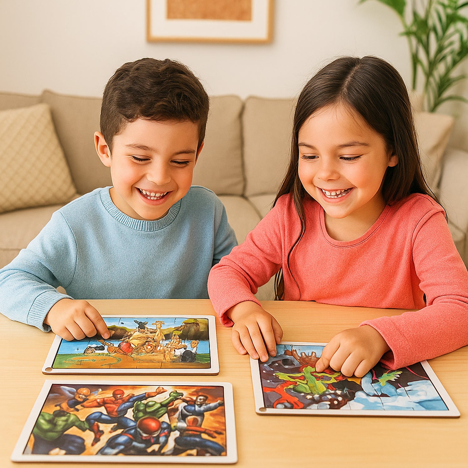 Educational wooden jigsaw puzzle board by Wukusy with mixed design, featuring colorful puzzle pieces on a smooth wooden surface.