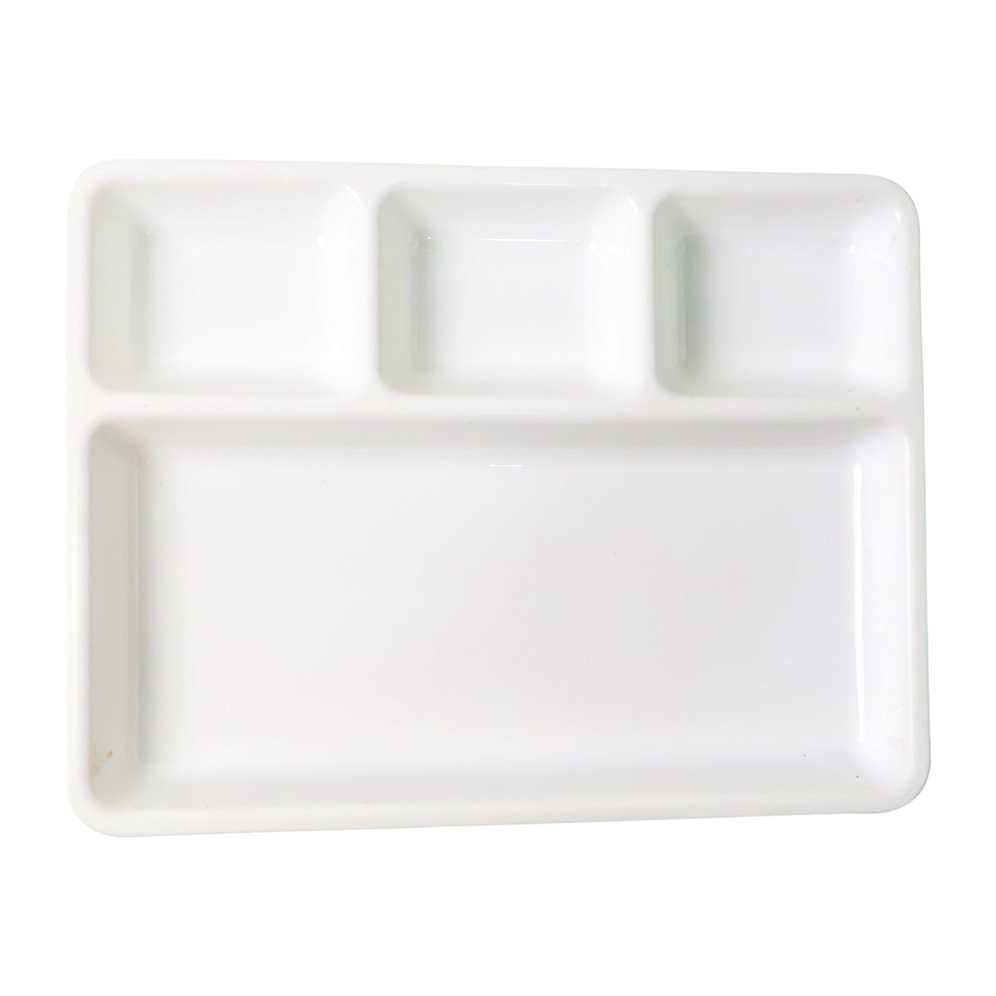 White plastic 4-compartment rectangular meal serving tray by Wukusy, ideal for home and kitchen use, featuring separate sections for meals.