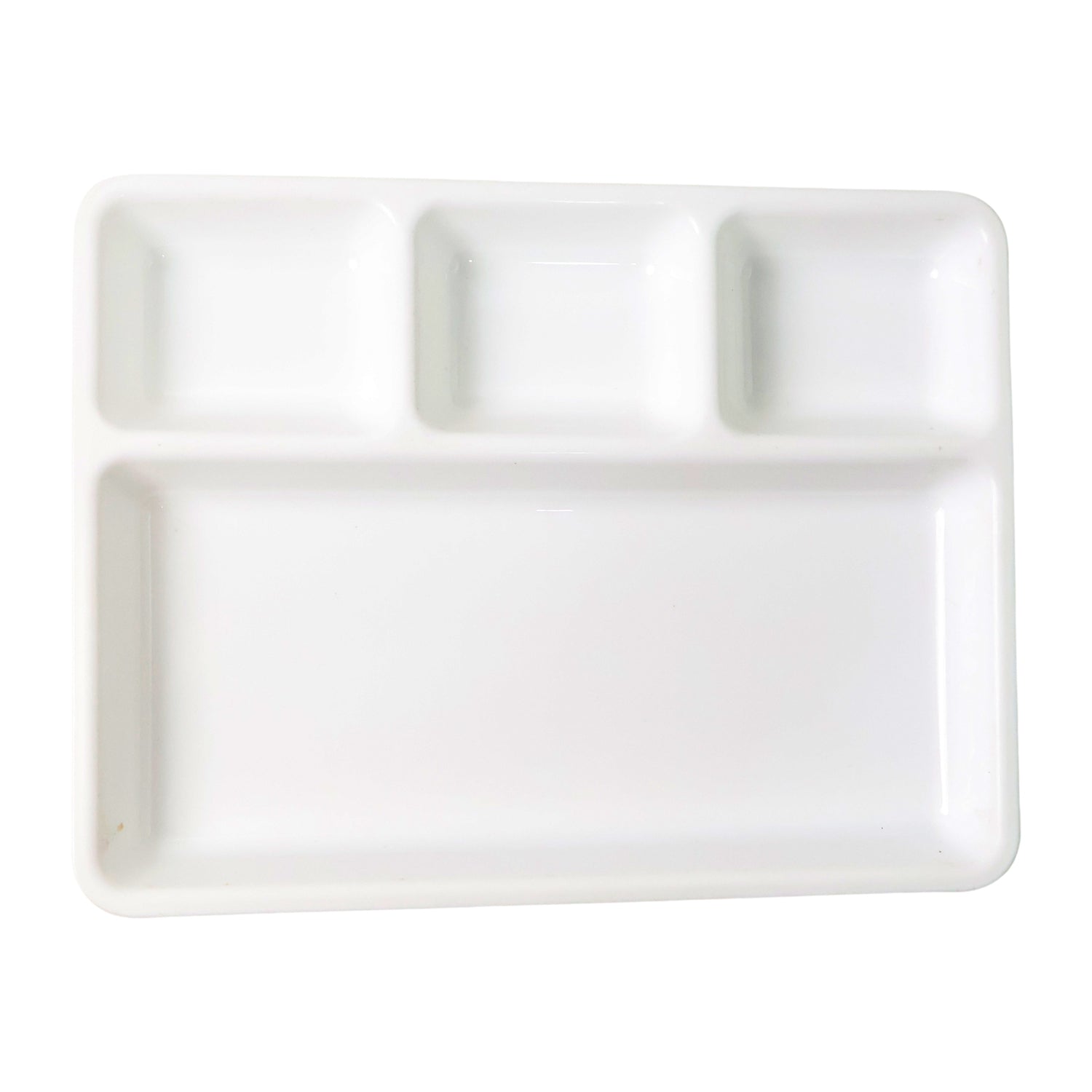 White plastic 4-compartment rectangular meal serving tray by Wukusy, ideal for home and kitchen use, featuring separate sections for meals.