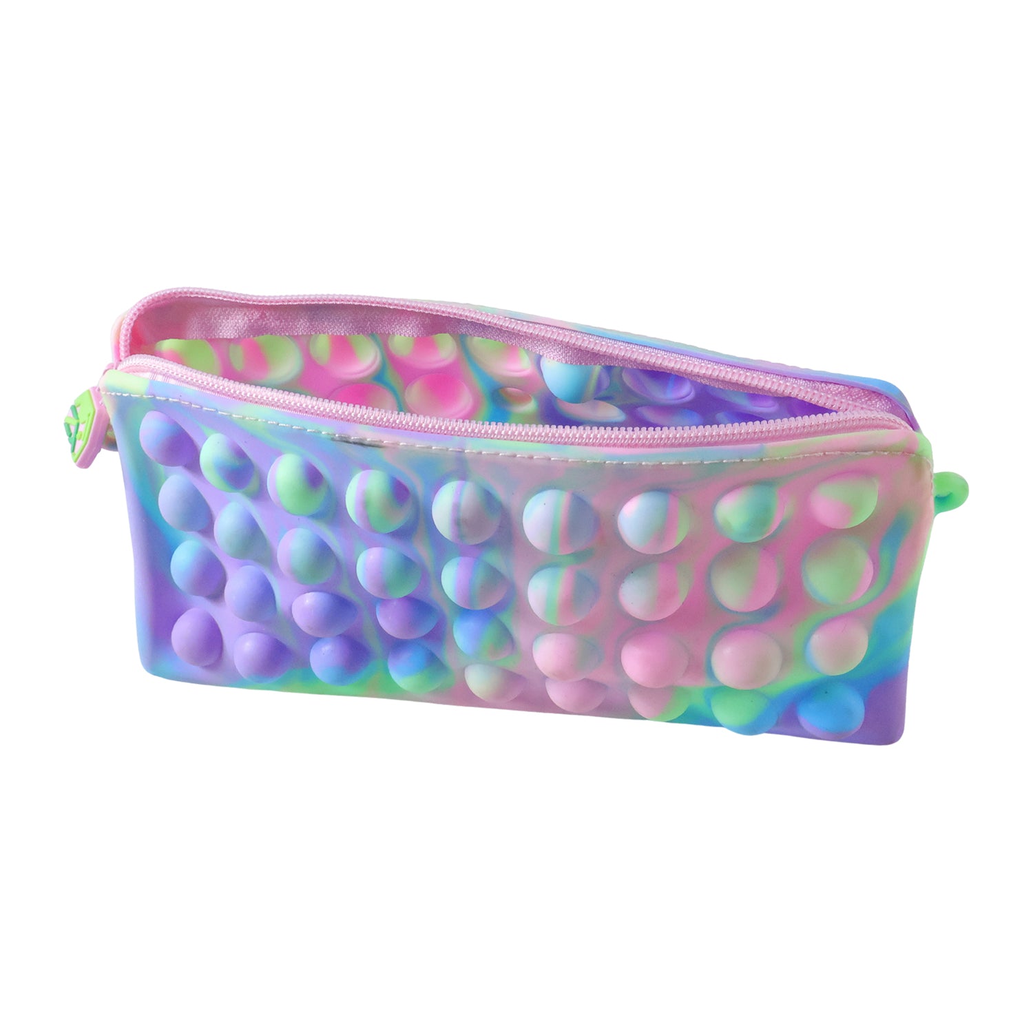 Multicolor Wukusy Pop It silicone pencil pouch for kids, 21x10 cm, featuring a fun, textured pop-it design.