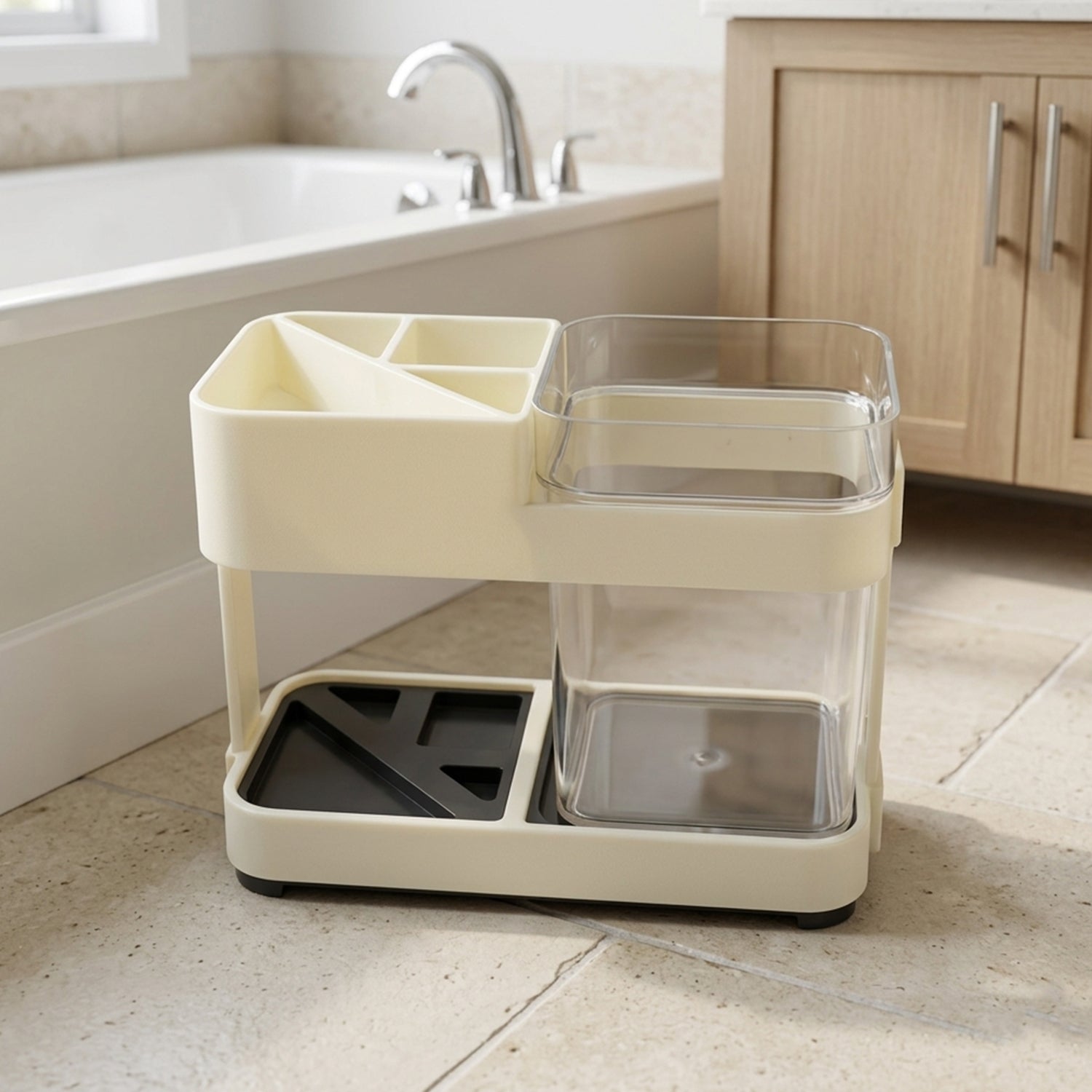 Wukusy multipurpose toothbrush and toothpaste stand holder set with compartments for organizing toothbrushes and toothpaste tubes.