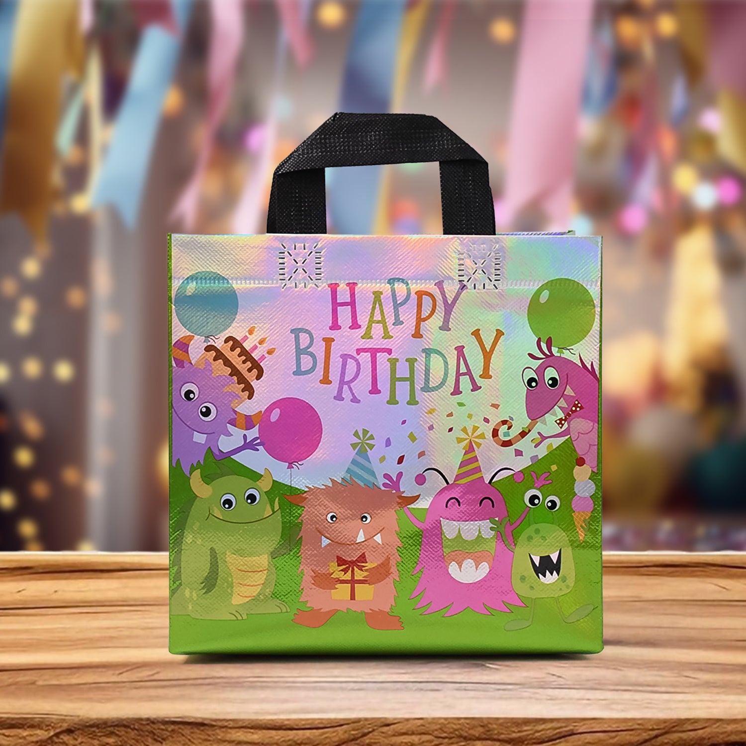 Reusable Wukusy birthday gift bag with colorful mixed designs, perfect for party gift packaging, made from durable material.