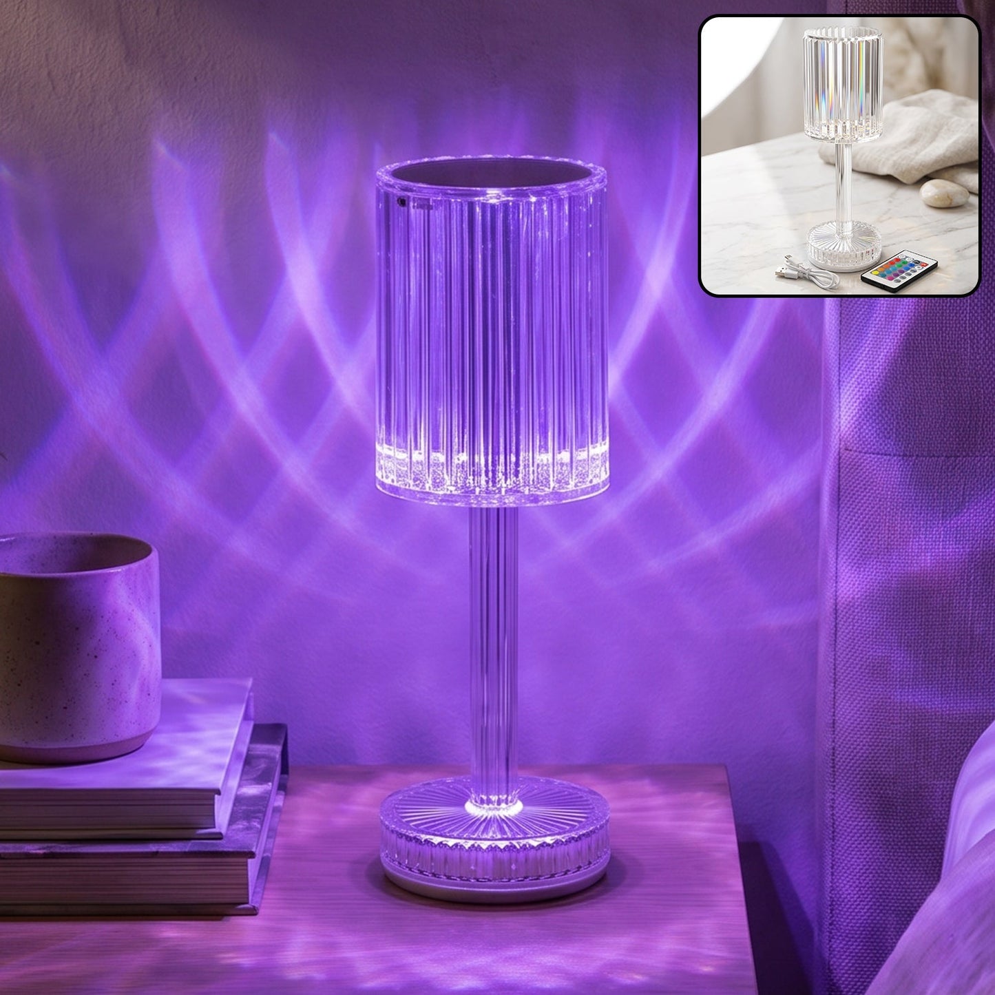 Wukusy touch control RGB crystal LED table lamp with remote, featuring colorful lighting and modern design.