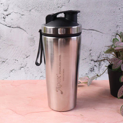 Wukusy Apex stainless steel gym shaker bottle with spring, 1000ml capacity, shown with lid and mixing spring inside.
